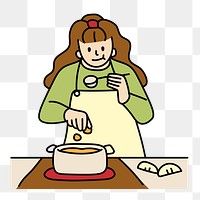 Png woman cooking and tasting doodle, transparent background