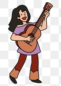 Png woman singing with guitar doodle, transparent background