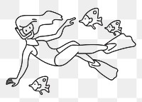 Png woman snorkeling with fish doodle, transparent background