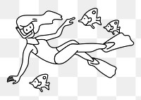 Png woman snorkeling with fish doodle, transparent background