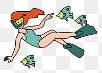 Png woman snorkeling with fish doodle, transparent background