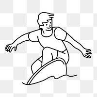 Png man surfing doodle, transparent background