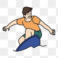 Png man surfing doodle, transparent background