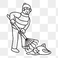 Png man raking autumn leaves doodle, transparent background