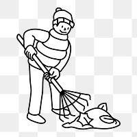 Png man raking autumn leaves doodle, transparent background