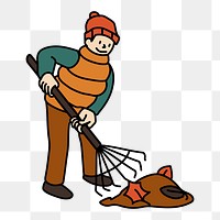 Png man raking autumn leaves doodle, transparent background