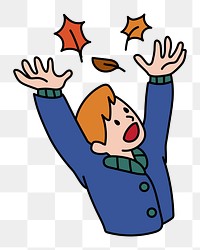 Png boy throwing autumn leaves doodle, transparent background