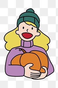 Png woman holding pumpkin doodle, transparent background