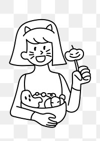 Png girl with Halloween candies doodle, transparent background