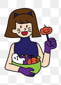 Png girl with Halloween candies doodle, transparent background