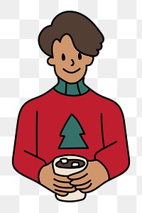 Png man with Christmas drink doodle, transparent background