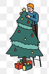 Png man decorating Christmas tree doodle, transparent background