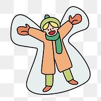 Png child making snow angel doodle, transparent background