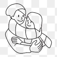 Png couple hugging during winter doodle, transparent background