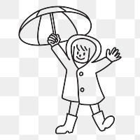 Png raincoat girl with umbrella doodle, transparent background
