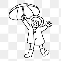 Png raincoat girl with umbrella doodle, transparent background