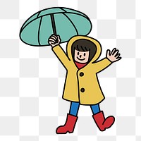 Png raincoat girl with umbrella doodle, transparent background