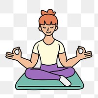 Png woman meditating seated doodle, transparent background