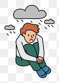 Png man with depression raincloud doodle, transparent background