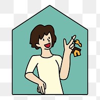 Png woman with new house key doodle, transparent background