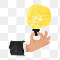 PNG Hand holding bulb, creative business idea paper craft collage, transparent background