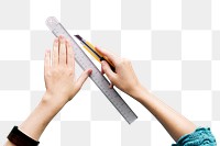 PNG Hands holding ruler and cutter, transparent background