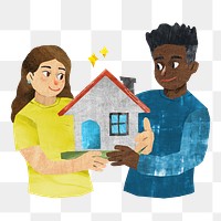 PNG Couple holding house, paper craft element, transparent background