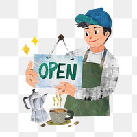 PNG Barista opening cafe, paper craft element, transparent background