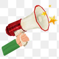 PNG Hand holding megaphone, paper craft element, transparent background