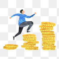 PNG Man running forward, stacked coins paper craft, transparent background