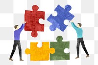 PNG People holding puzzle, teamwork paper craft collage, transparent background