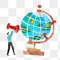 PNG Pinned spinning globe, travel paper craft collage, transparent background