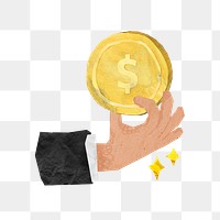 PNG Businessman holding coin, finance paper craft collage, transparent background