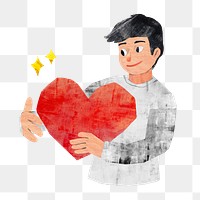 PNG Man hugging heart, love paper craft element, transparent background