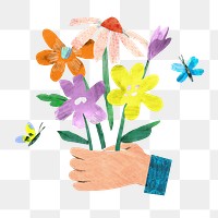 Hand holding flowers png, paper craft element, transparent background