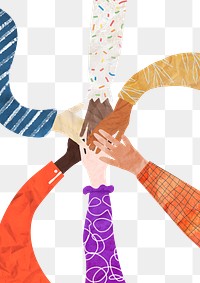 PNG Abstract diverse hands united, paper craft collage, transparent background