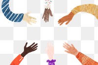 PNG Abstract diverse hands frame, united, paper craft collage, transparent background