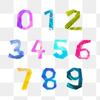 0 to 9 png, colorful number paper craft element set, transparent background