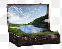 Surreal open briefcase png, aesthetic lake, nature remix on transparent background