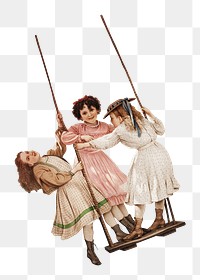 PNG Little girls playing swing, vintage illustration, transparent background