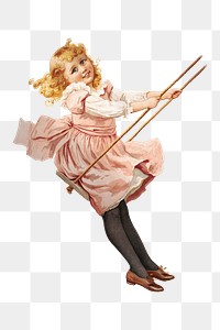 PNG Little girl playing swing, vintage illustration, transparent background