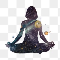 PNG Meditating woman, galaxy silhouette remix, transparent background