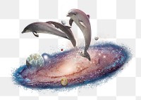 PNG Swimming dolphins, galaxy aesthetic remix, transparent background