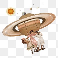 PNG Little girls playing swing, space aesthetic remix, transparent background