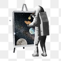 PNG Astronaut painting canvas, surreal galaxy remix, transparent background