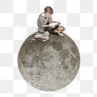 PNG Boy reading on moon, surreal education remix, transparent background