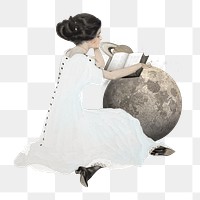 PNG Girl reading on moon, surreal education remix, transparent background