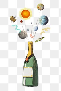 PNG Popping champagne bottle, galaxy remix, transparent background