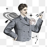 PNG Vintage astronomer man, galaxy remix, transparent background
