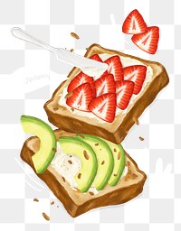 PNG Avocado & strawberry toast, breakfast food illustration, transparent background